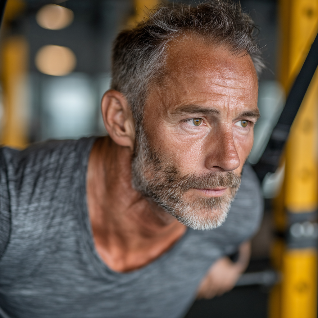 Active mature man in his fifties performing functional training exercises in modern fitness environment, demonstrating proper form and focused concentration during workout